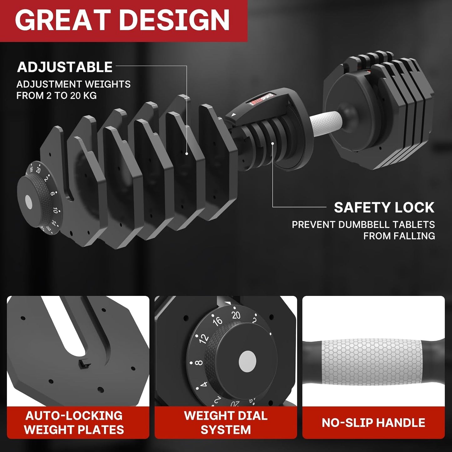 La LiVita EnterSports 20kgx2 Adjustable Dumbbells,Dumbbell Set for Saving Place, Dumbbell Weights with Non-Slip Handle, Home Gym Strength Training Equipment for Full Bodybuilding